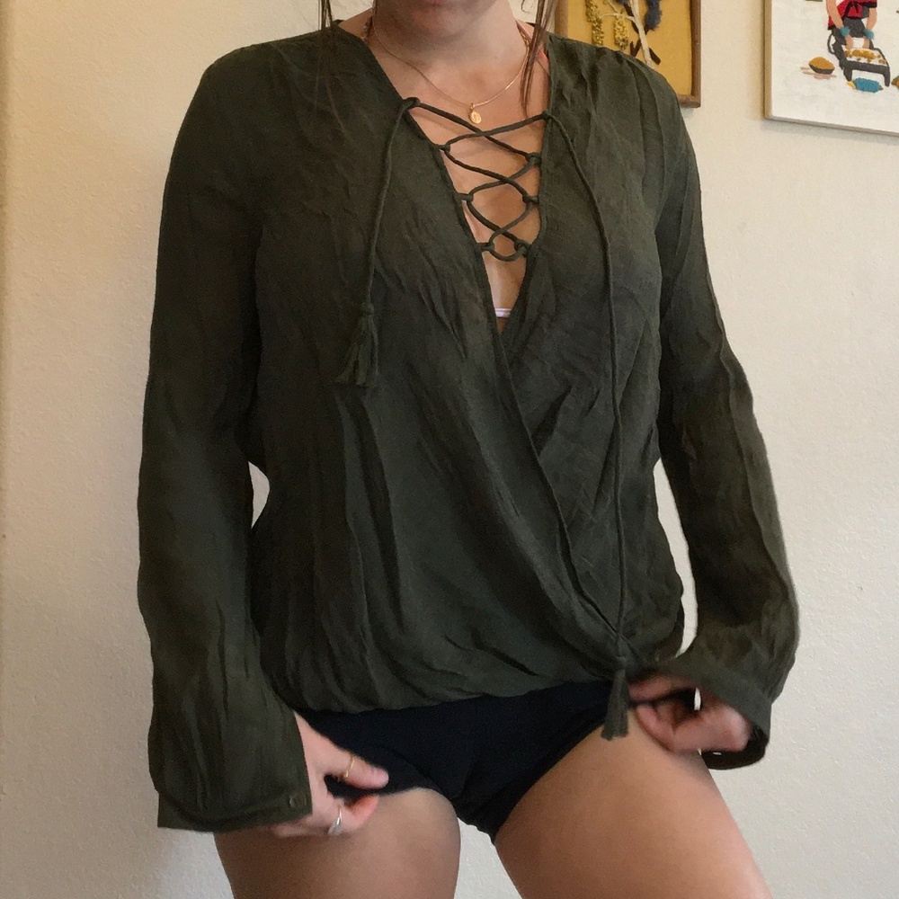 Aakaa Green Lace-Up Blouse with Crisscross Draped Front | Boho Chic | Size S